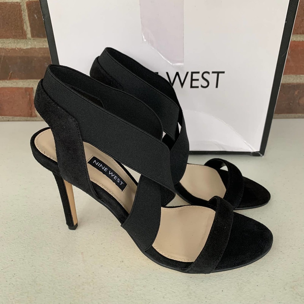 Nine West Maya8 Black Fabric Open Toe X-Strap Heeled Sandals Women's US size 7M